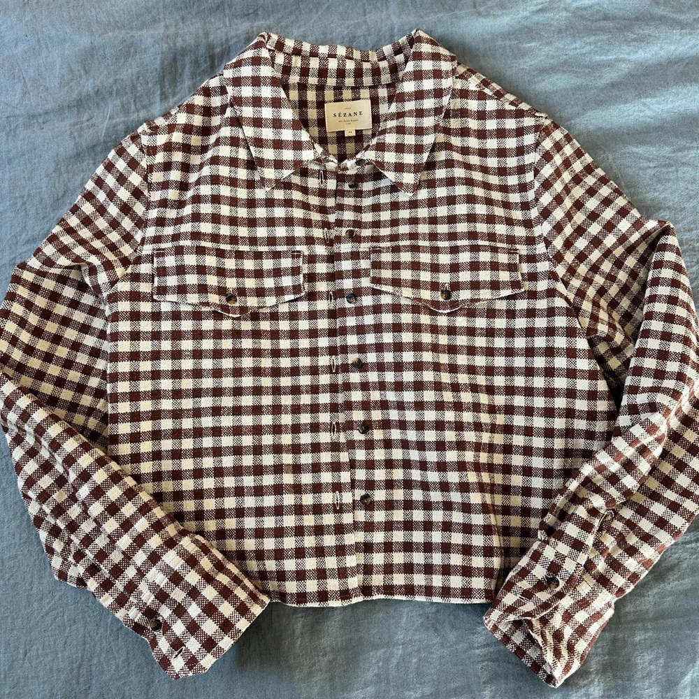 Sezane Maelle brown gingham shirt jacket